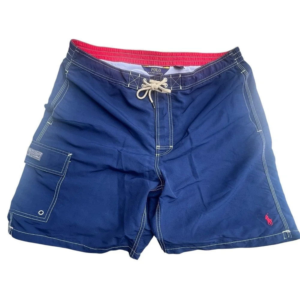 Vtg Polo Ralph Lauren Swim Trunks Shorts Mens Large Red Blue Nylon Lined Pocket